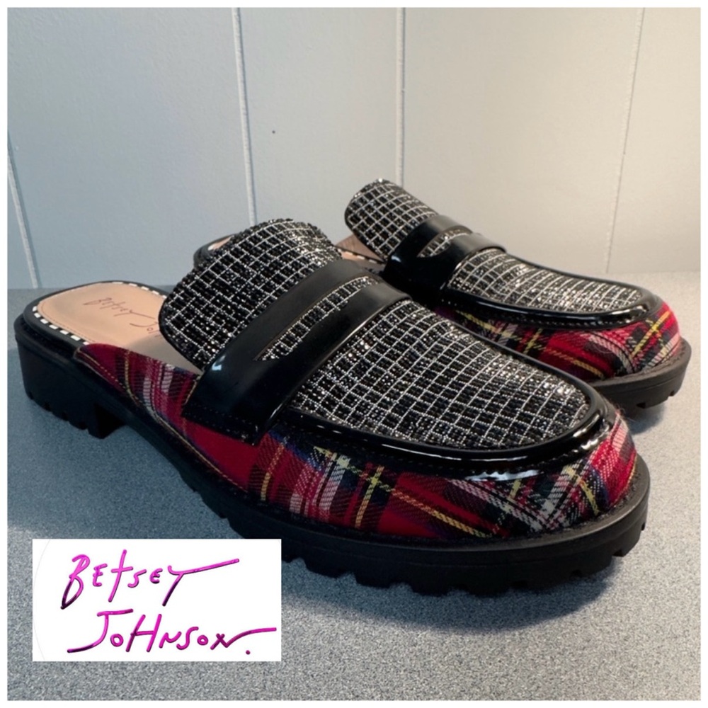 Betsey Johnson Ronin Plaid and Rhinestone Embellished Mule Loafers.